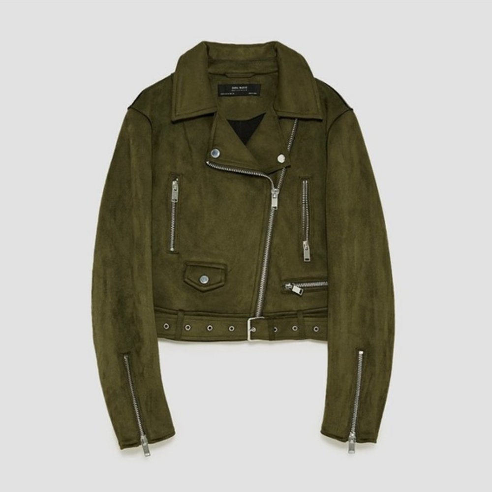 Zara Basics Faux Suede Cropped Moto Biker Jacket in Olive Green